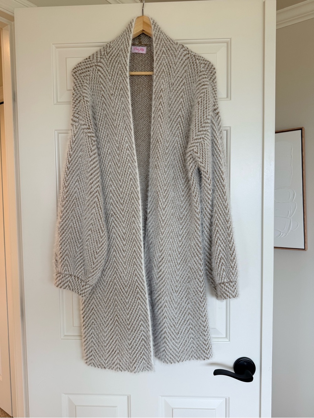Pink Lily Cozy Open-Front Long Cardigan Sweater in Light Brown S
